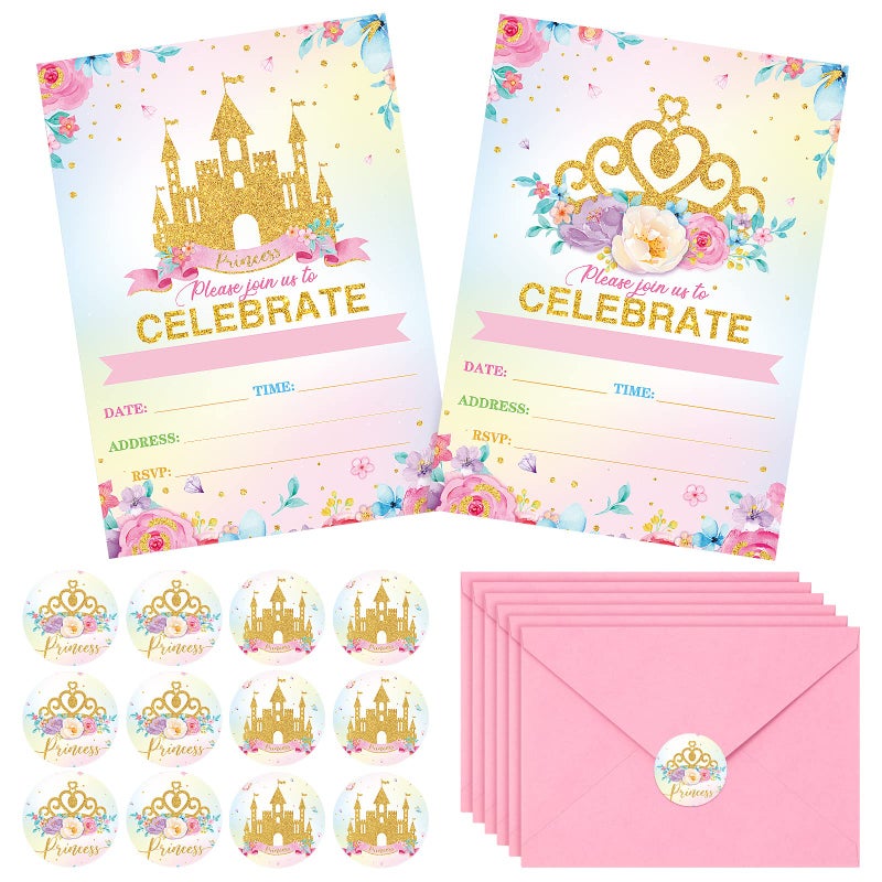 TaoBary 24 Set Princess Baby Shower Invitation Pink Princess Birthday Invitation Cards with Envelopes and Stickers Royal Little Princess Invitation for Baby Shower Birthday Party Supplies (Happy Birthday) - Image 1